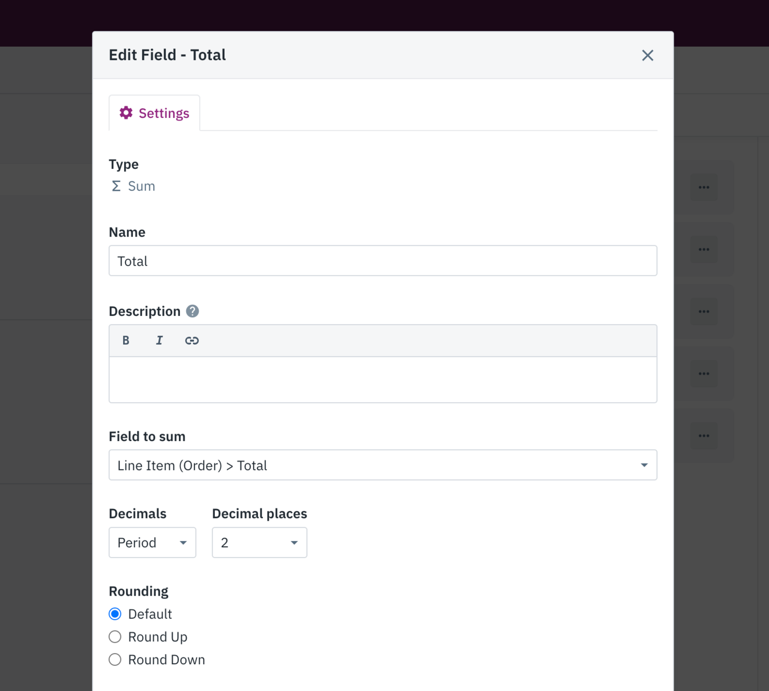 Image of the Total field's settings