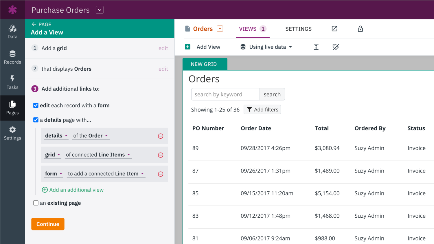 Image of creating the Orders page in the Knack Builder