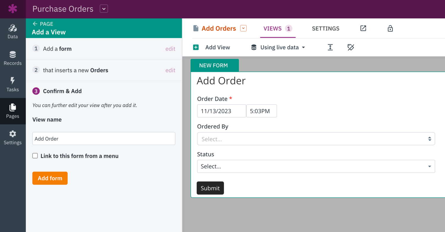 Image of adding a Form view in the Knack Builder on the new Orders page 