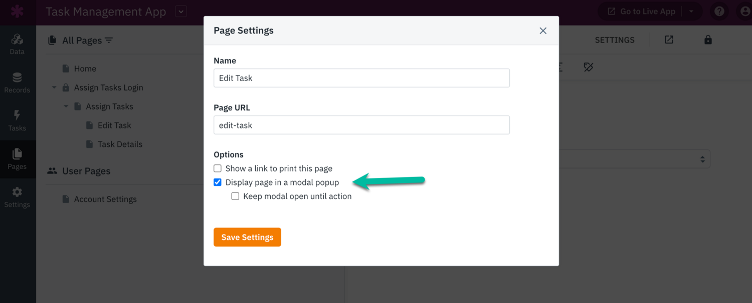 Image of Page settings and the display a page in a modal popup setting
