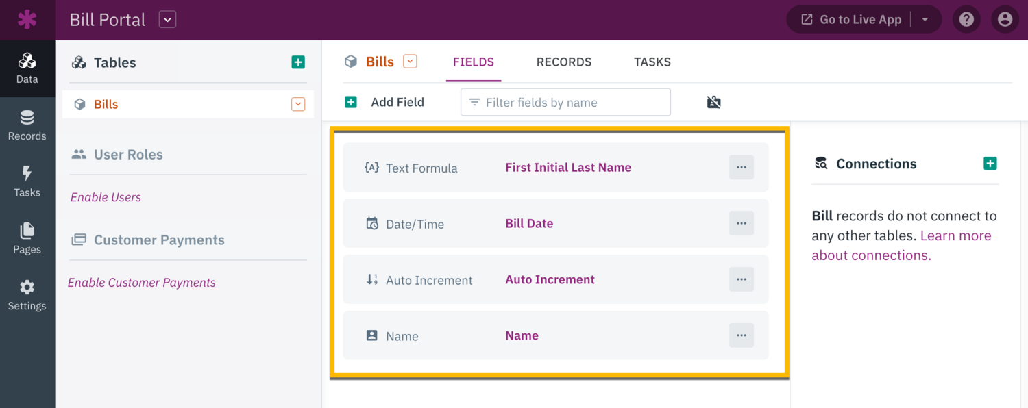 Image of the fields list for the Bills table in the Knack Builder