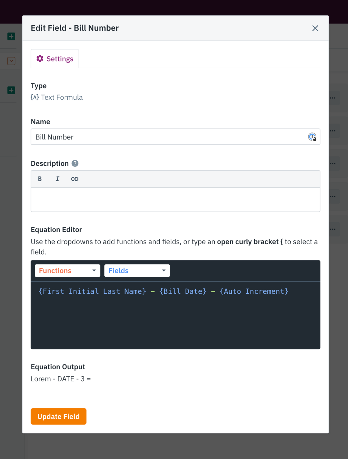 Image of the Bill Number's field settings