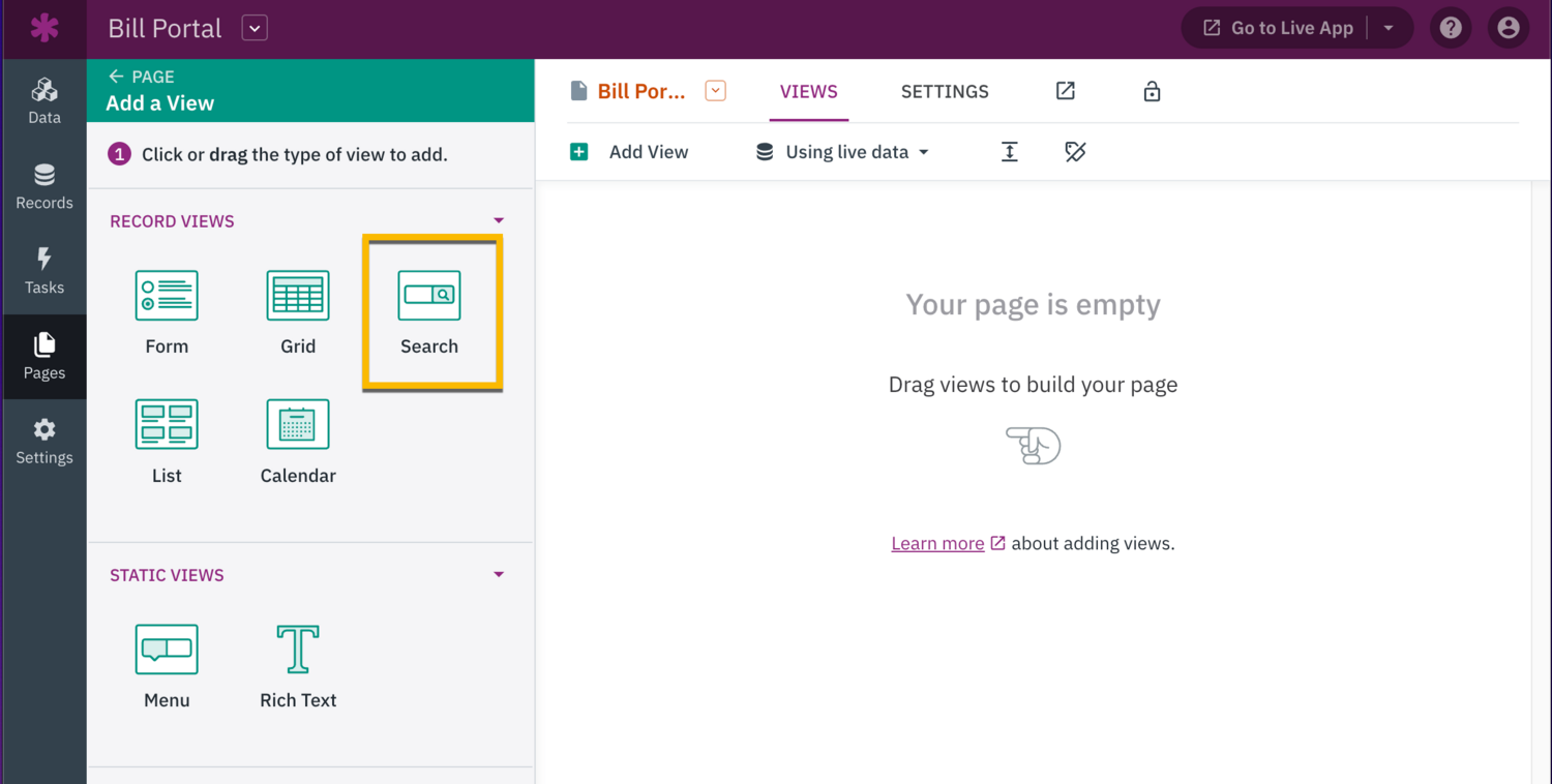 Image of the Search view selection highlighted from the Pages section of the Builder