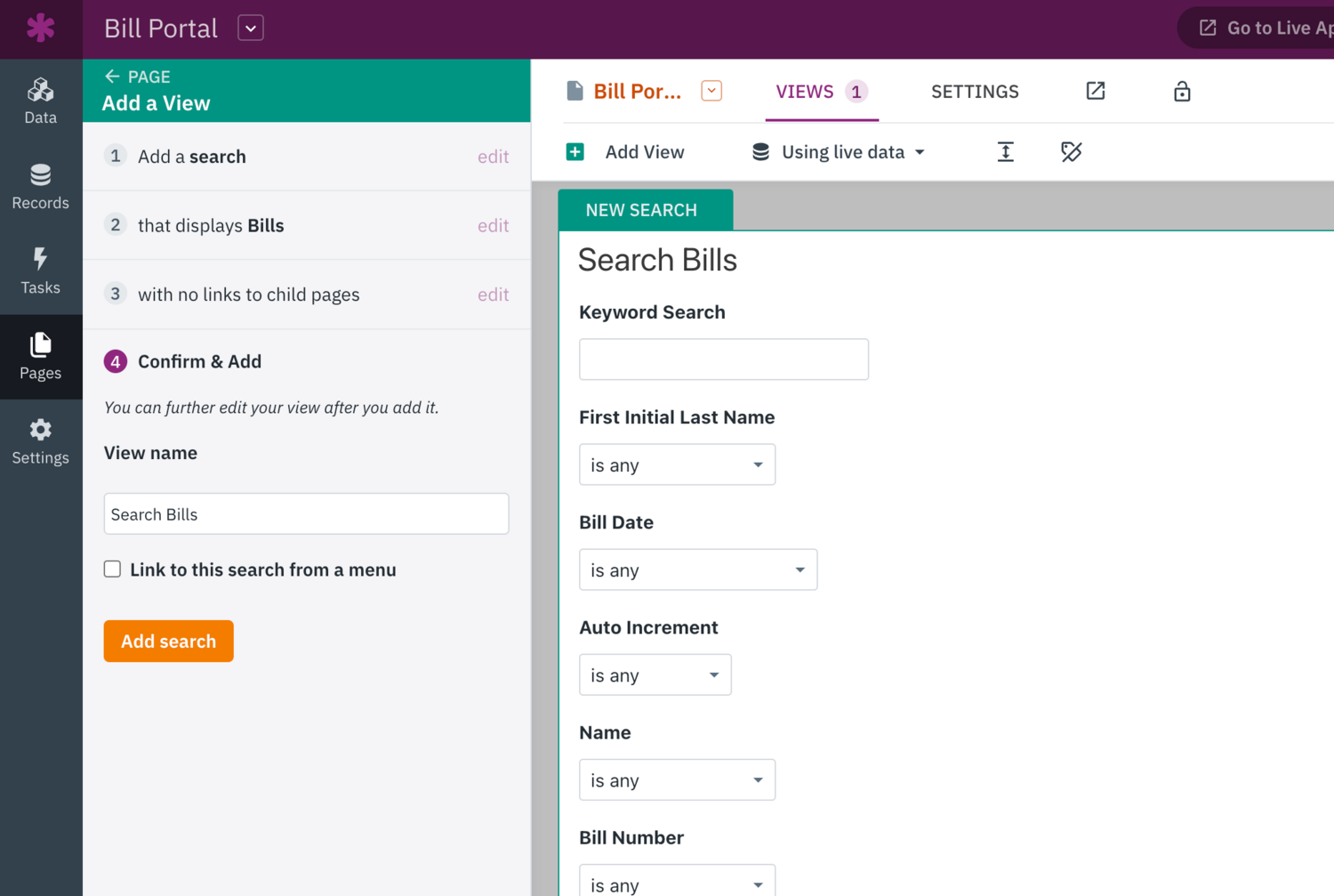 Image of "Add a View" menu in the left toolbox in the Builder