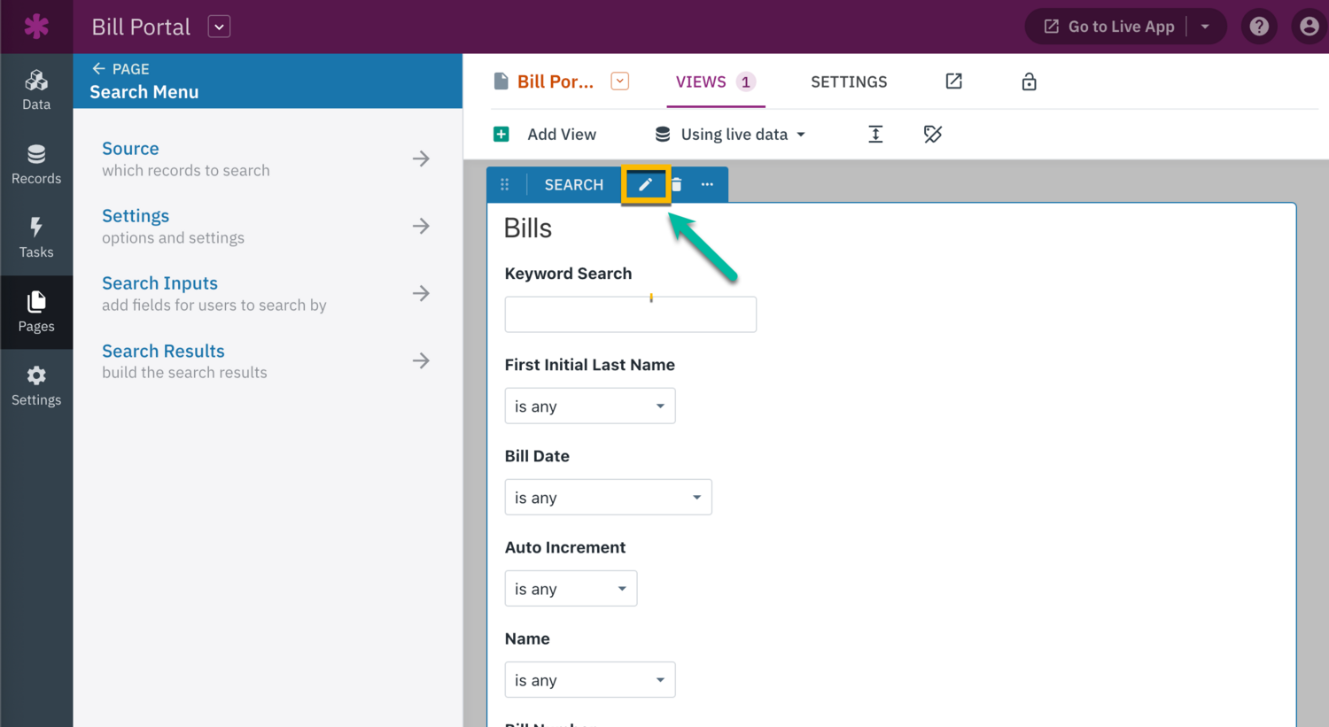 Image of the pen icon highlighted in order to access the view's settings