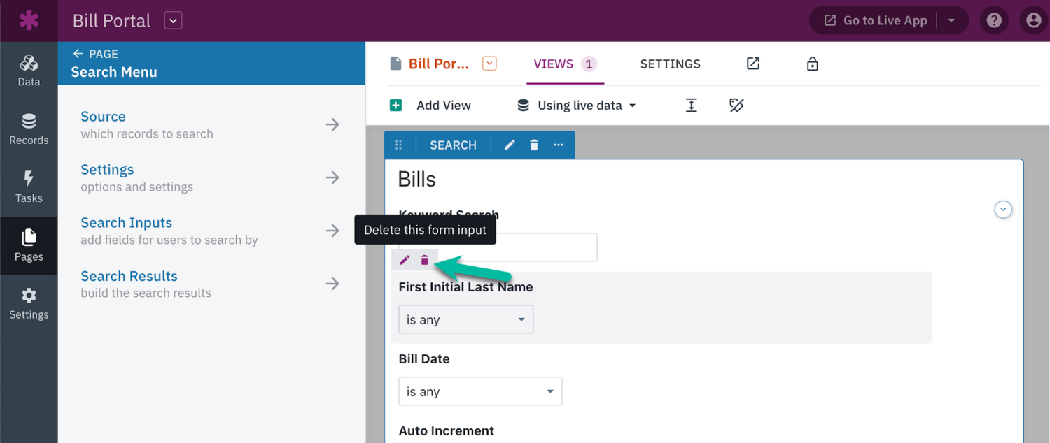 Image of the delete icon highlighted to remove a field input from the Search view