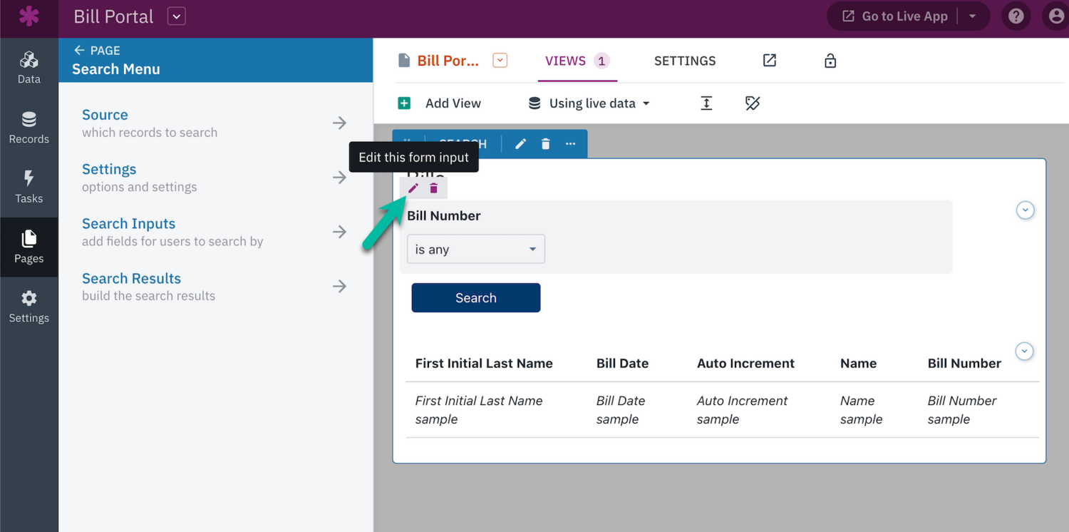 Image of the pen icon highlighted to edit the field input from the Search view