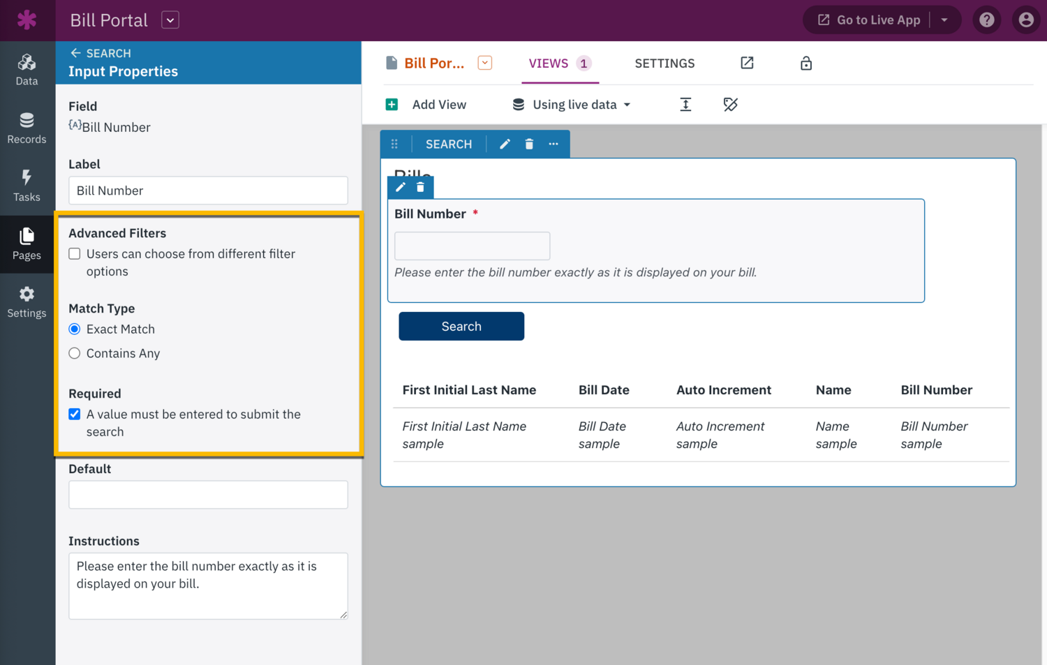 Image of the input properties open in the Search view's settings where the options are highlighted