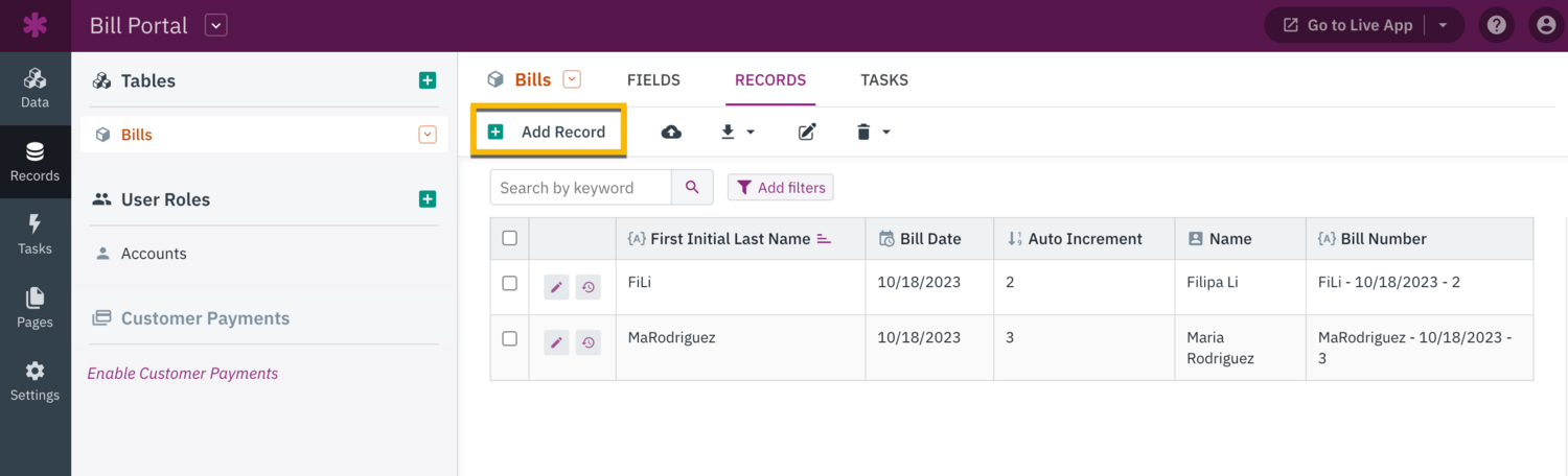 Image of the "Add Record" button highlighted in the Builder