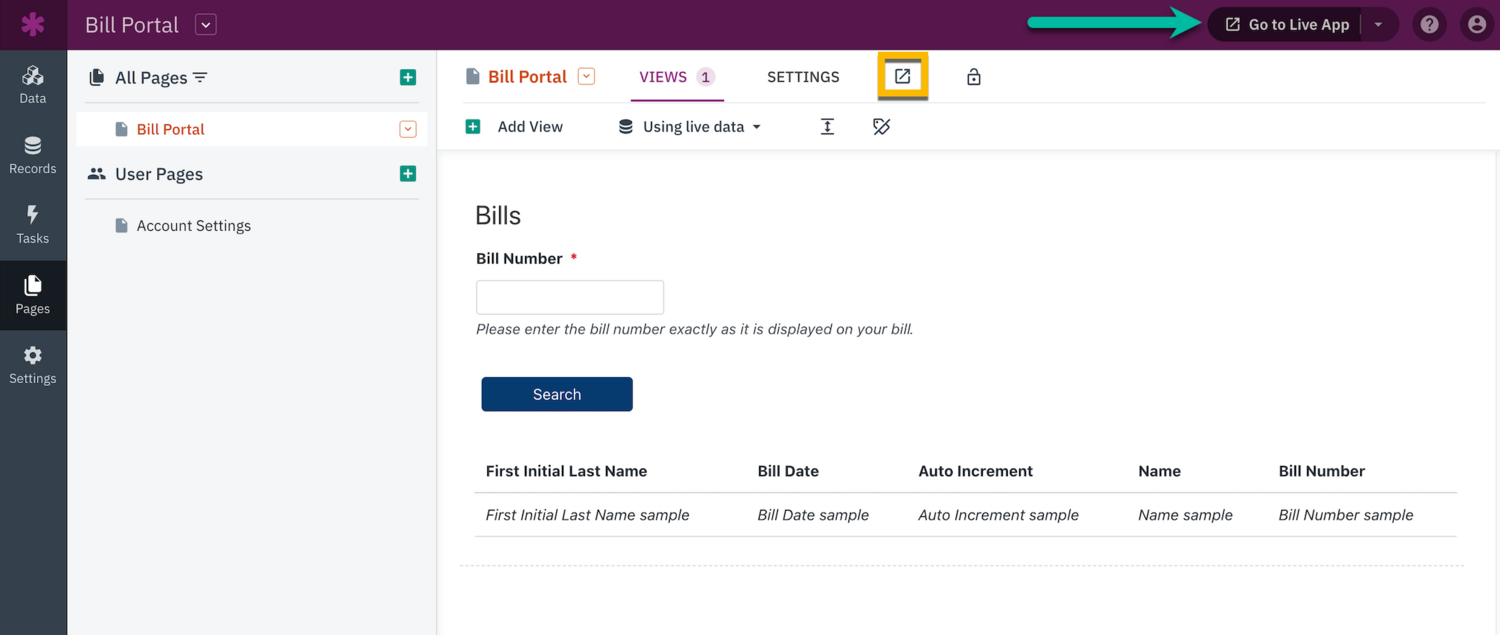 Image of the "Go to Live App" buttons highlighted in the Builder