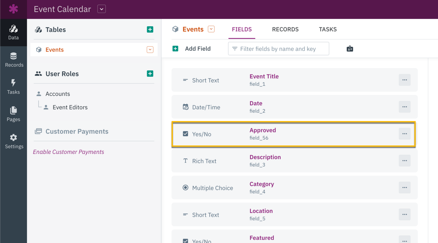 Image of the Approved field highlighted in the Builder