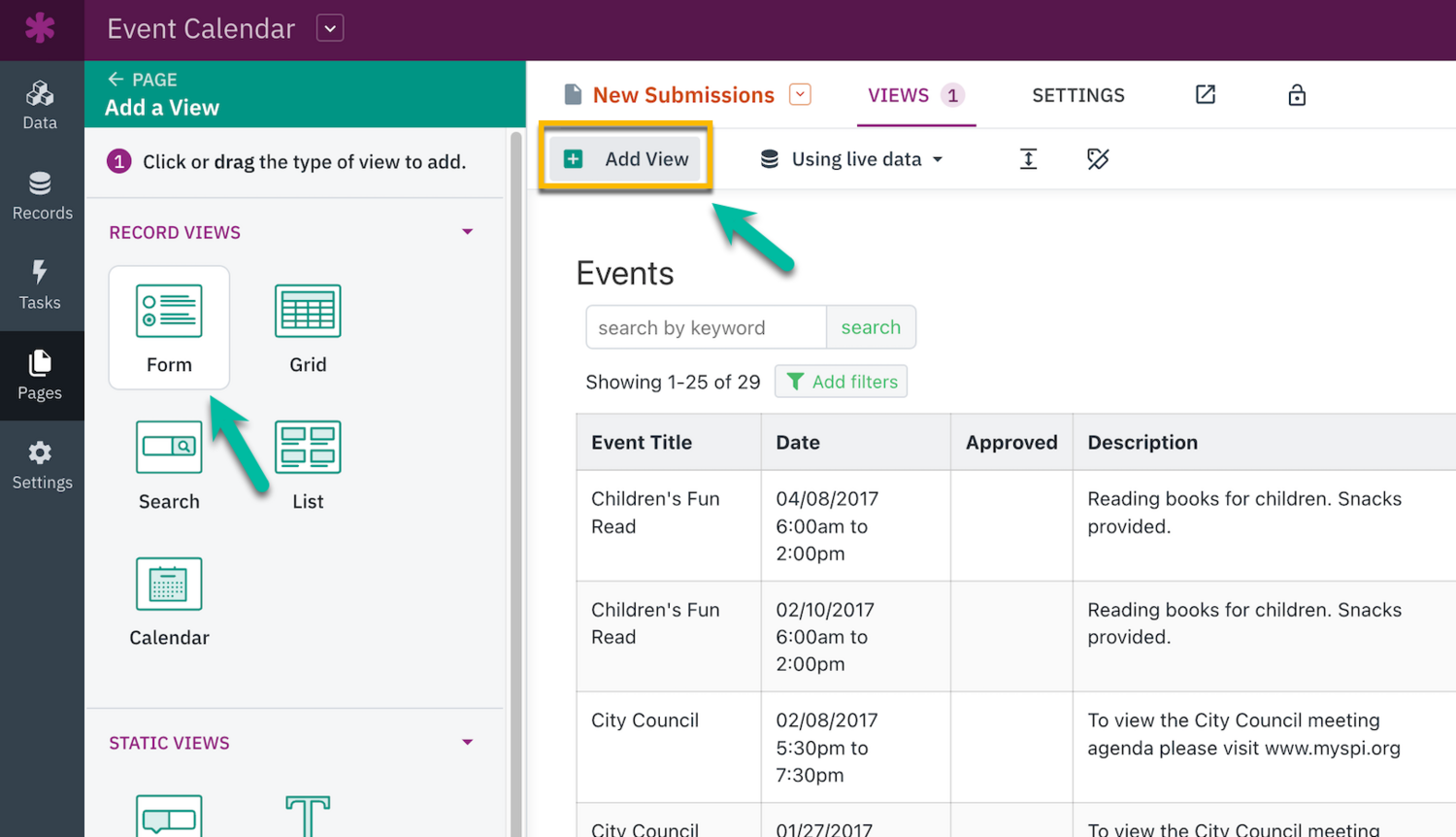 Image of the Add View button highlighted as well as the Form view option 