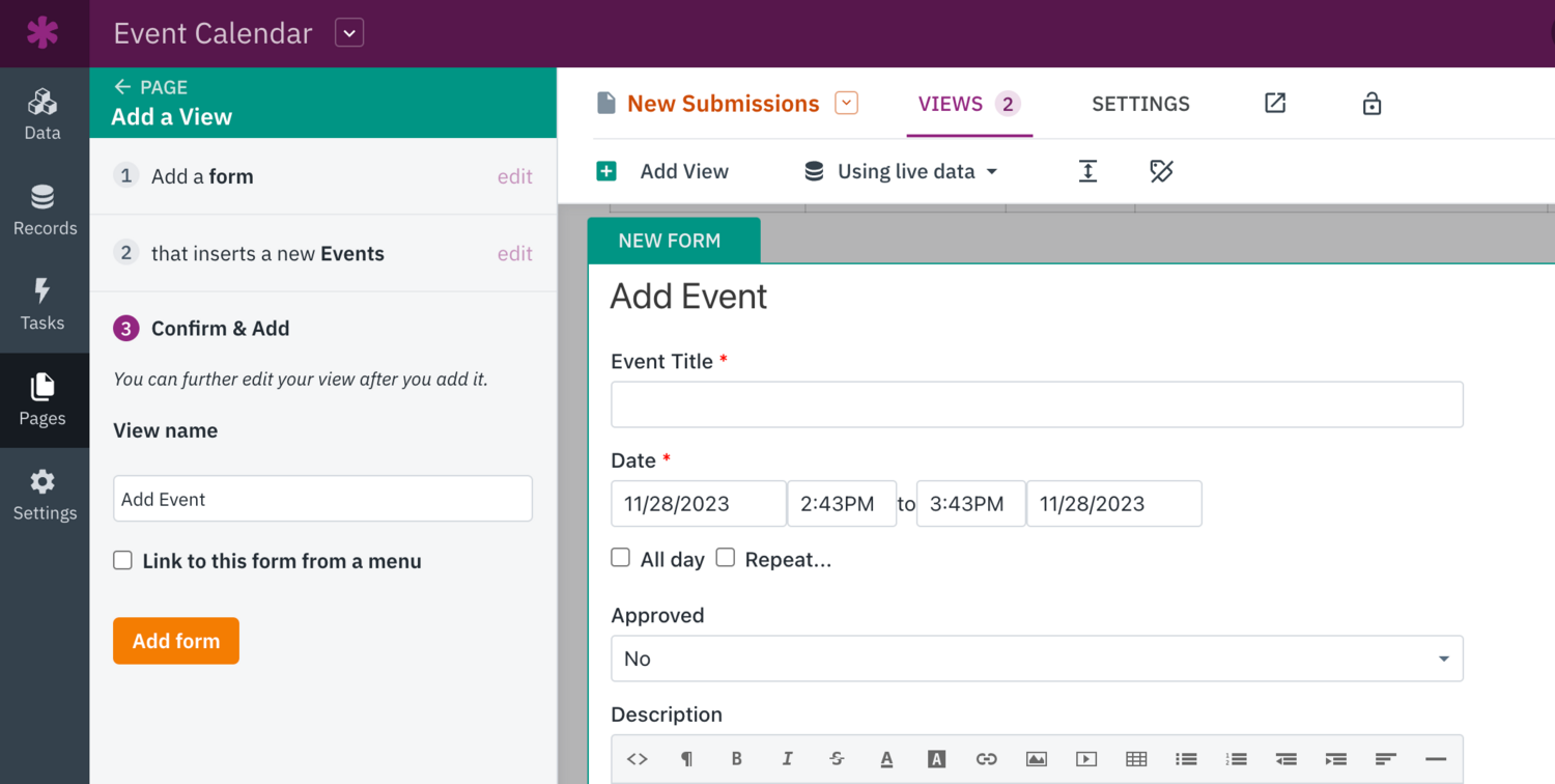Image of the toolbox while adding a form view