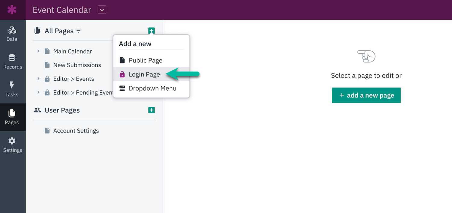 Image of the Login Page selection highlighted from the add page button dropdown