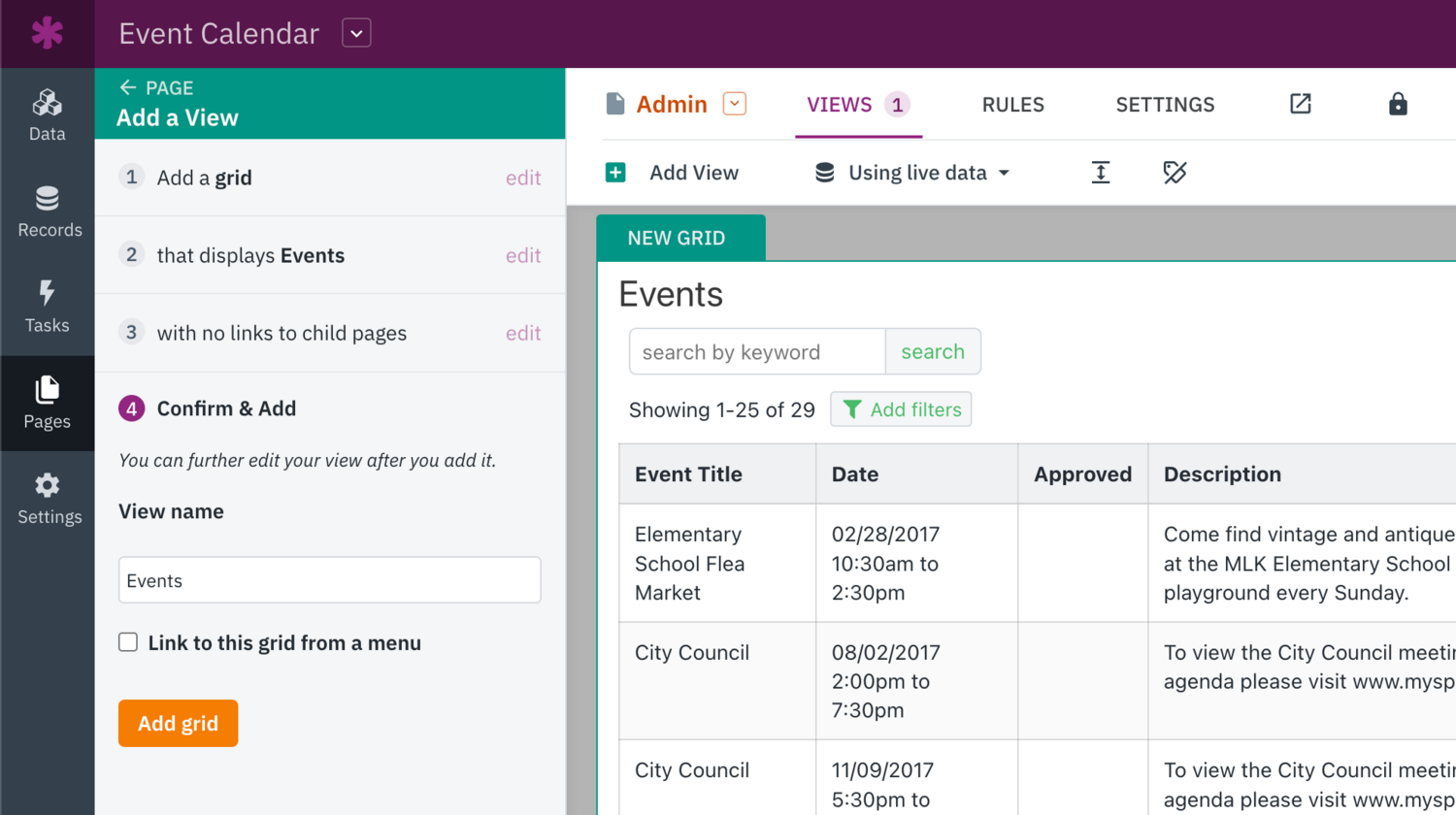 Image of adding the Events grid view in the Builder