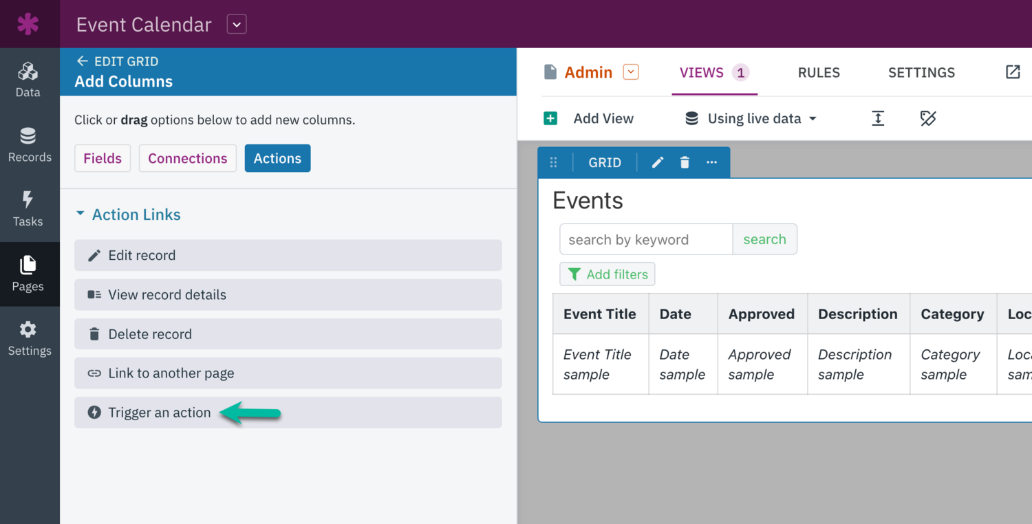 Image of the Add Columns section in the grid view's settings