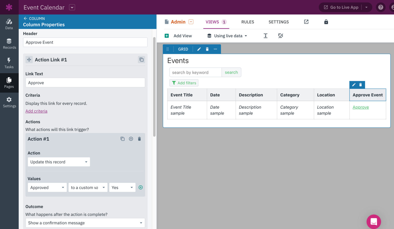 Image of the action link saved to the Events grid view
