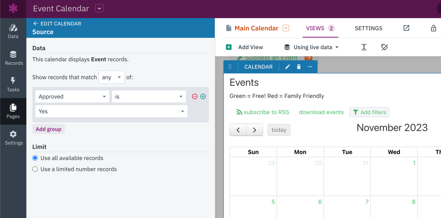 Image of the Source settings applied in the Events view