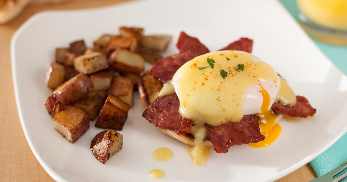 Eggs Benedict with Duck Bacon Maple Leaf Farms