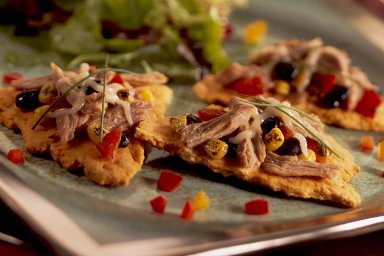 Roasted duck nacho on chili cracker