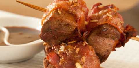 Ale and apple duck banderillas with pralined bacon and apple hoisin sauce