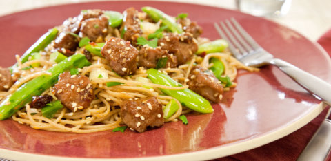 Citrus sesame duck with snappy cherry soba noodles
