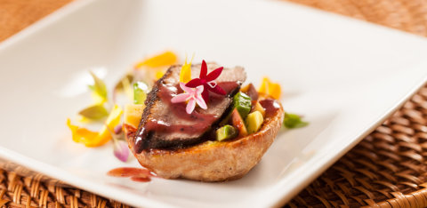 Duck breast sliders on crispy potato skins