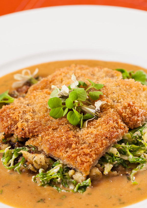 Duck schnitzel with honey mustard pretzel spaetzle