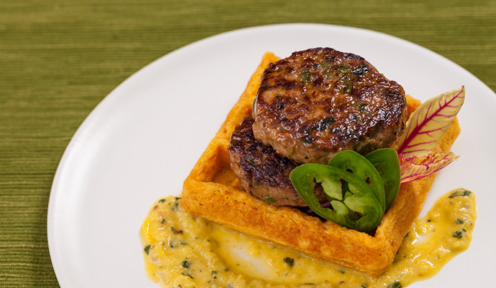 Duck poblano jalapeno chili sausage on sweet potato waffles
