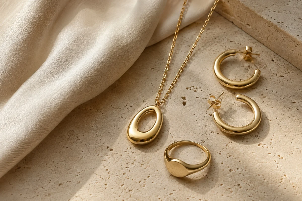 Gold pendant, hoop earrings, and signet ring styled on travertine