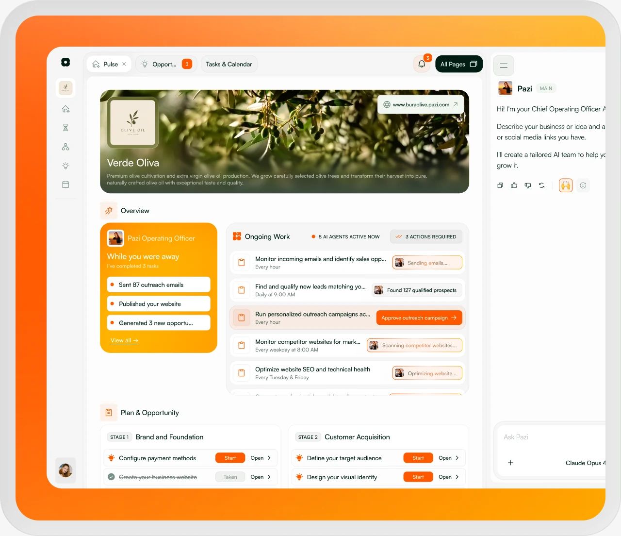 Pazi Business Pulse dashboard keeping projects, opportunities, and AI tasks in sync