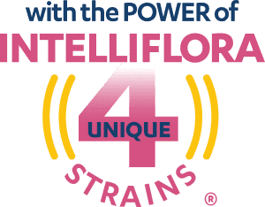 Graphic with the text: with the POWER of INTELLIFLORA, 4 unique strains.