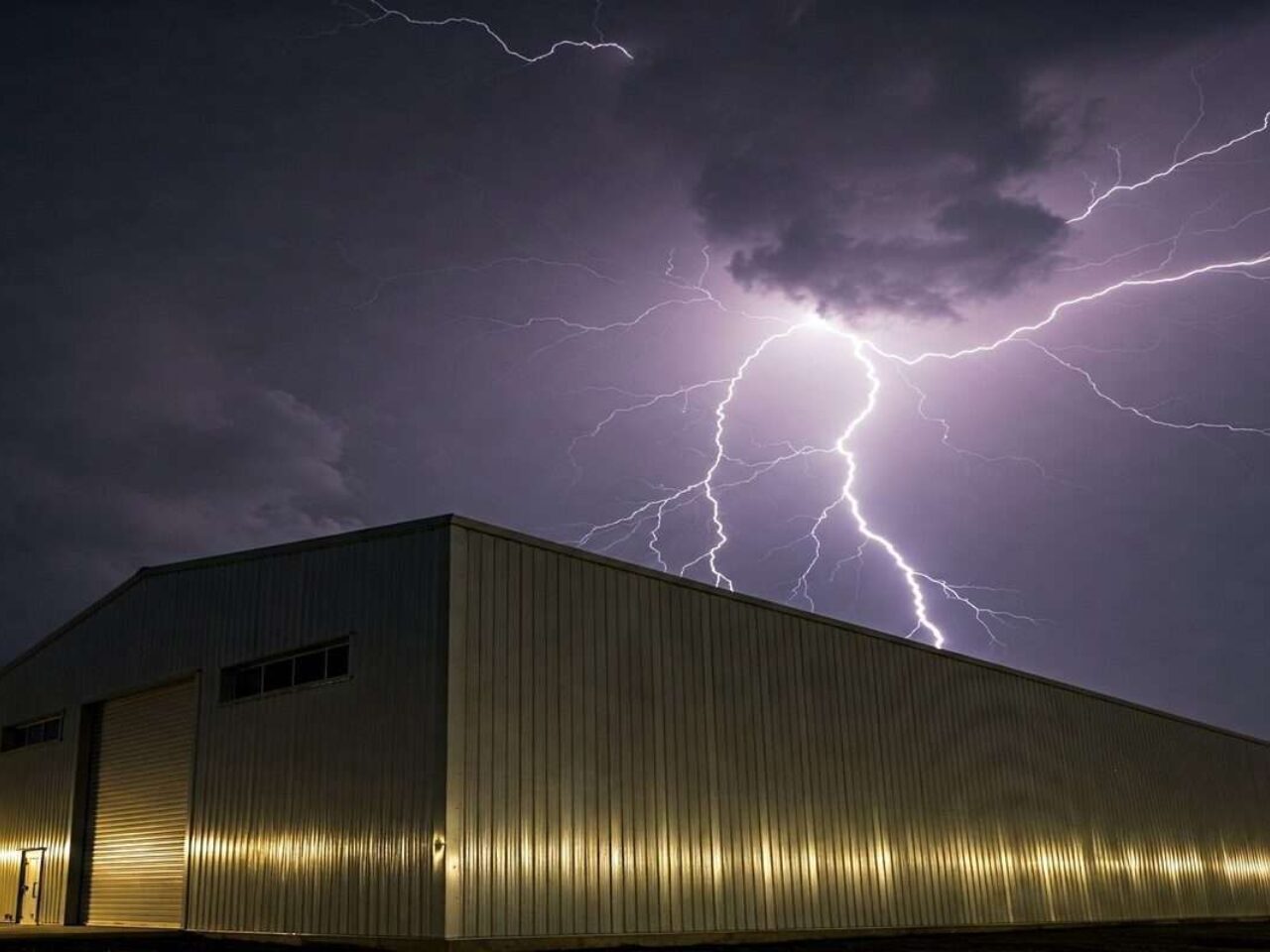 Lightning storm over a commercial metal building in the Midwest, showing why pre-season inspections and storm preparation are essential.