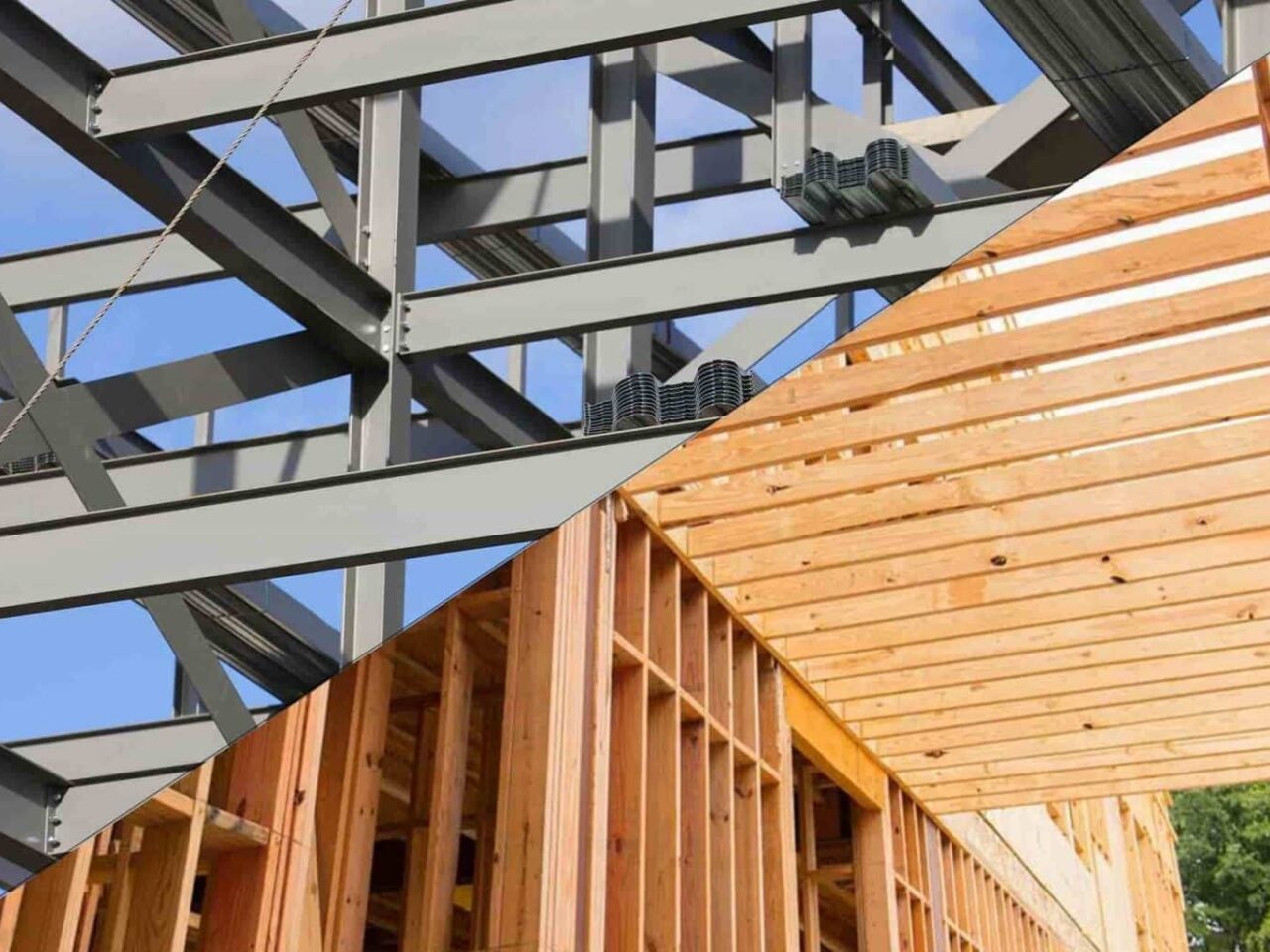 Side-by-side comparison of steel framing and wood framing used to explain fire risk differences in commercial building construction.