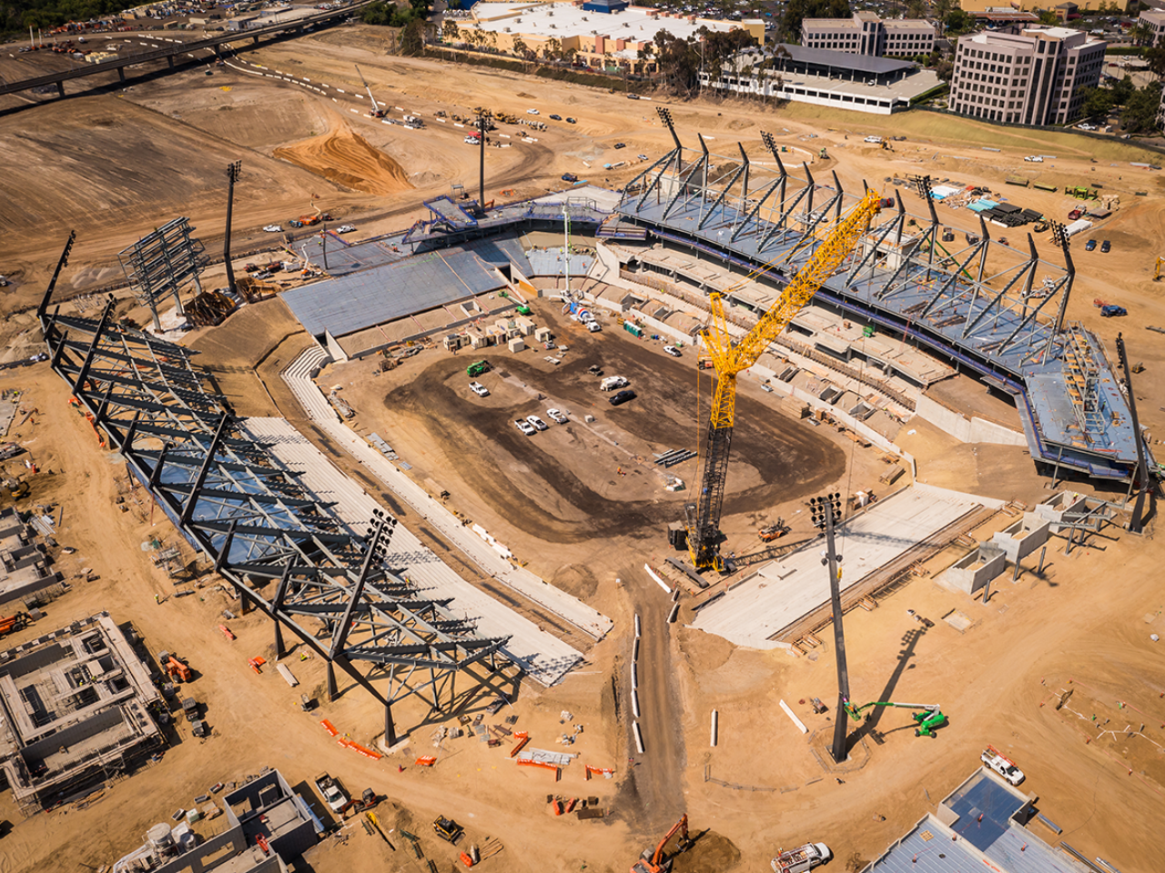 Overhead view of site grading and drainage prepg during a sports facility build.