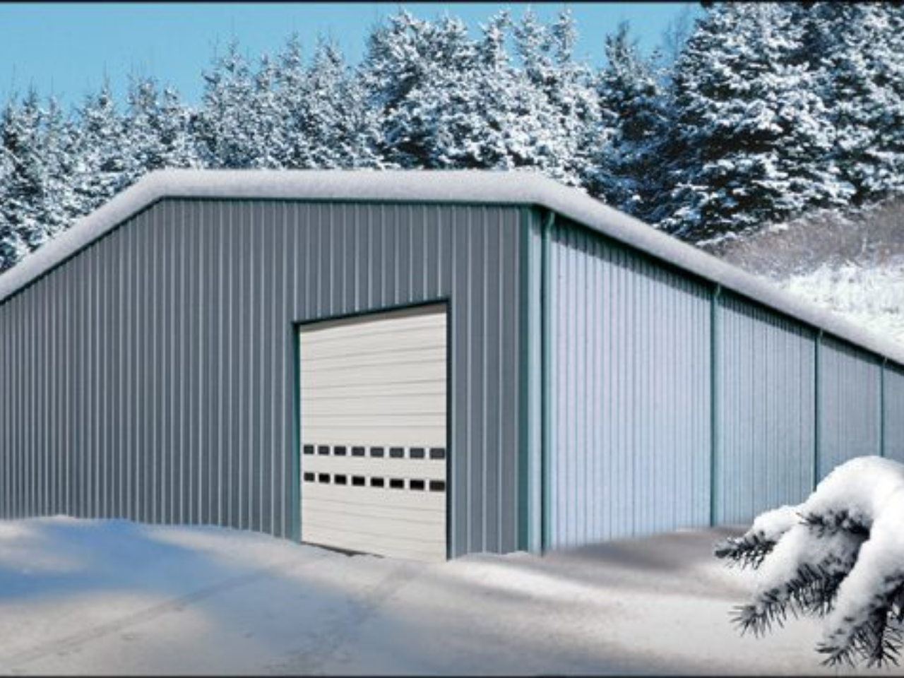 Metal storage building covered in snow during the winter in Southern Indiana.