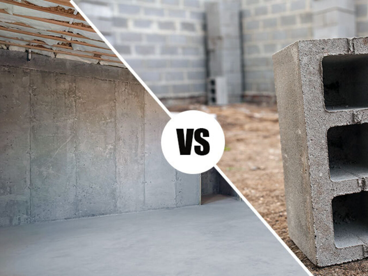 Side-by-side comparison of poured concrete wall and concrete block.