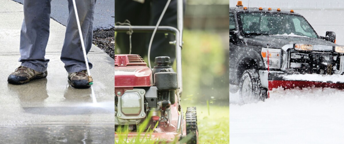 A side-by-side collage depicting pressure washing, lawn care, and snow removal
