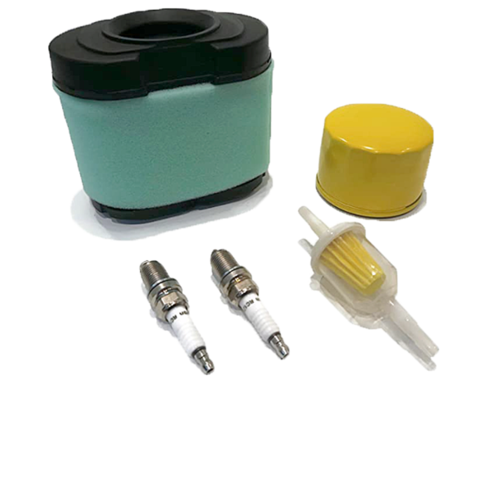 A mower filter, spark plugs, fuel filter and oil filter