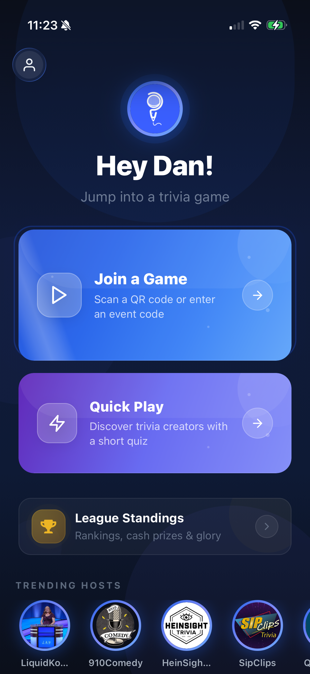 Trivnow player home screen