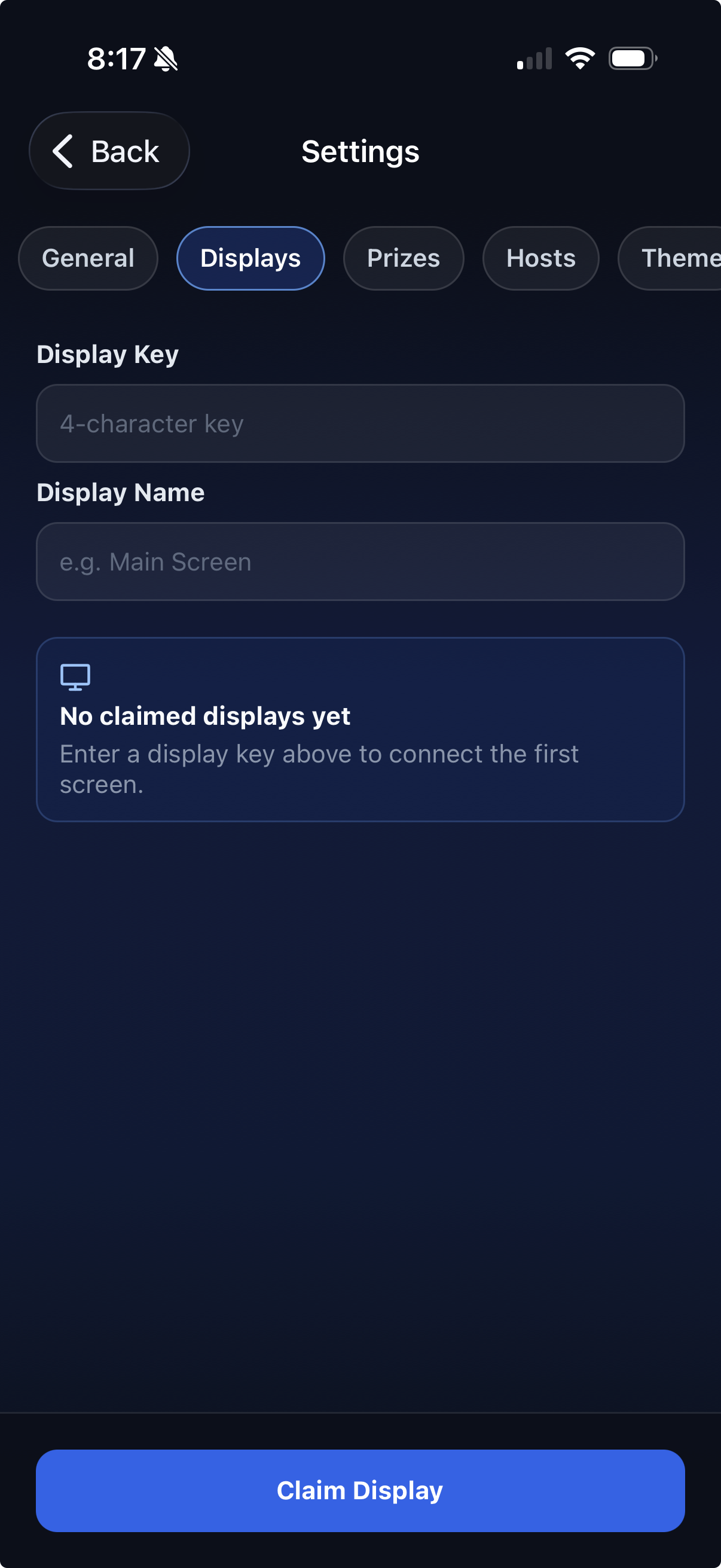 Claim a TV display from the Trivnow mobile host app