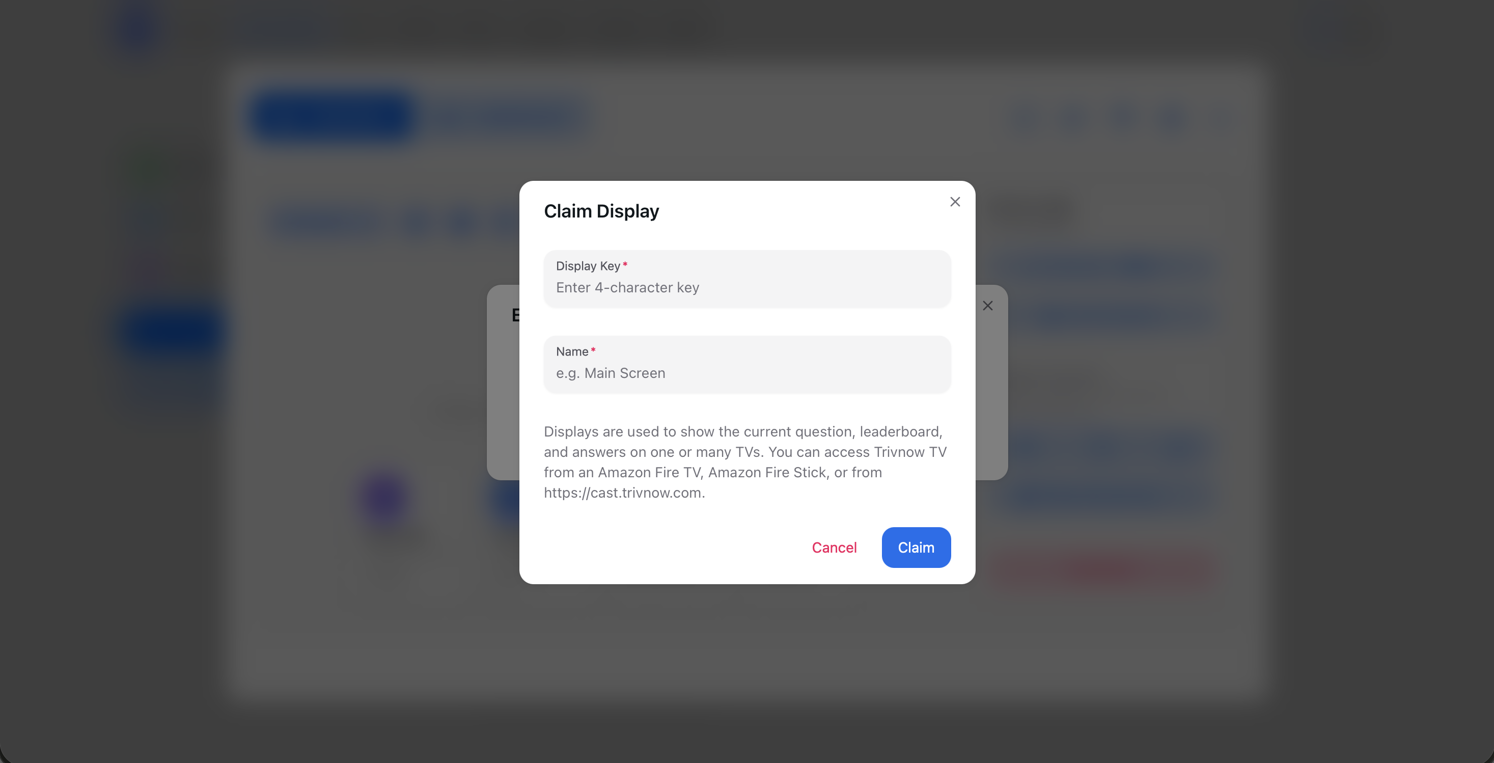 Claim Display modal on the Trivnow web host dashboard