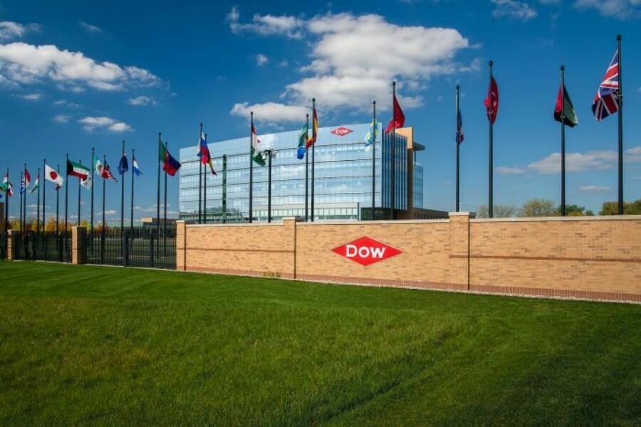 flags of many nations flying outside Dow corporate headquarters