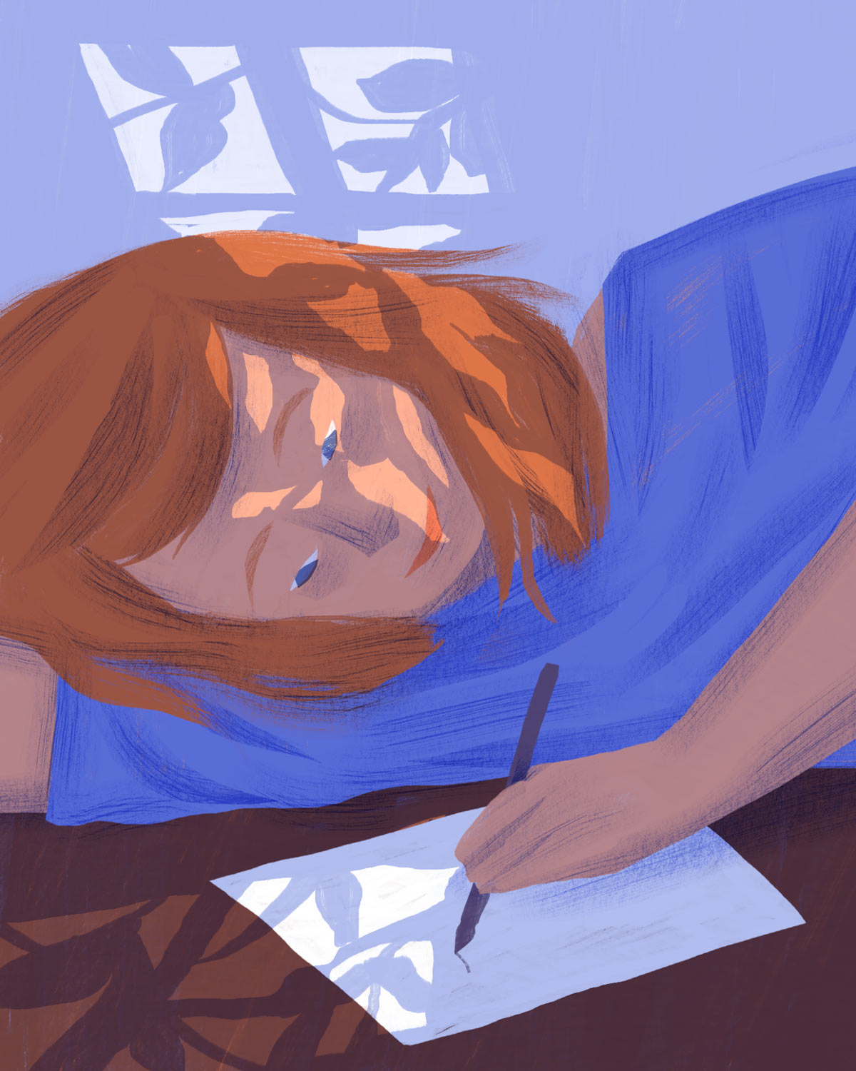 Illustration of girl writing on paper Painting style Illustration of girl writing on paper