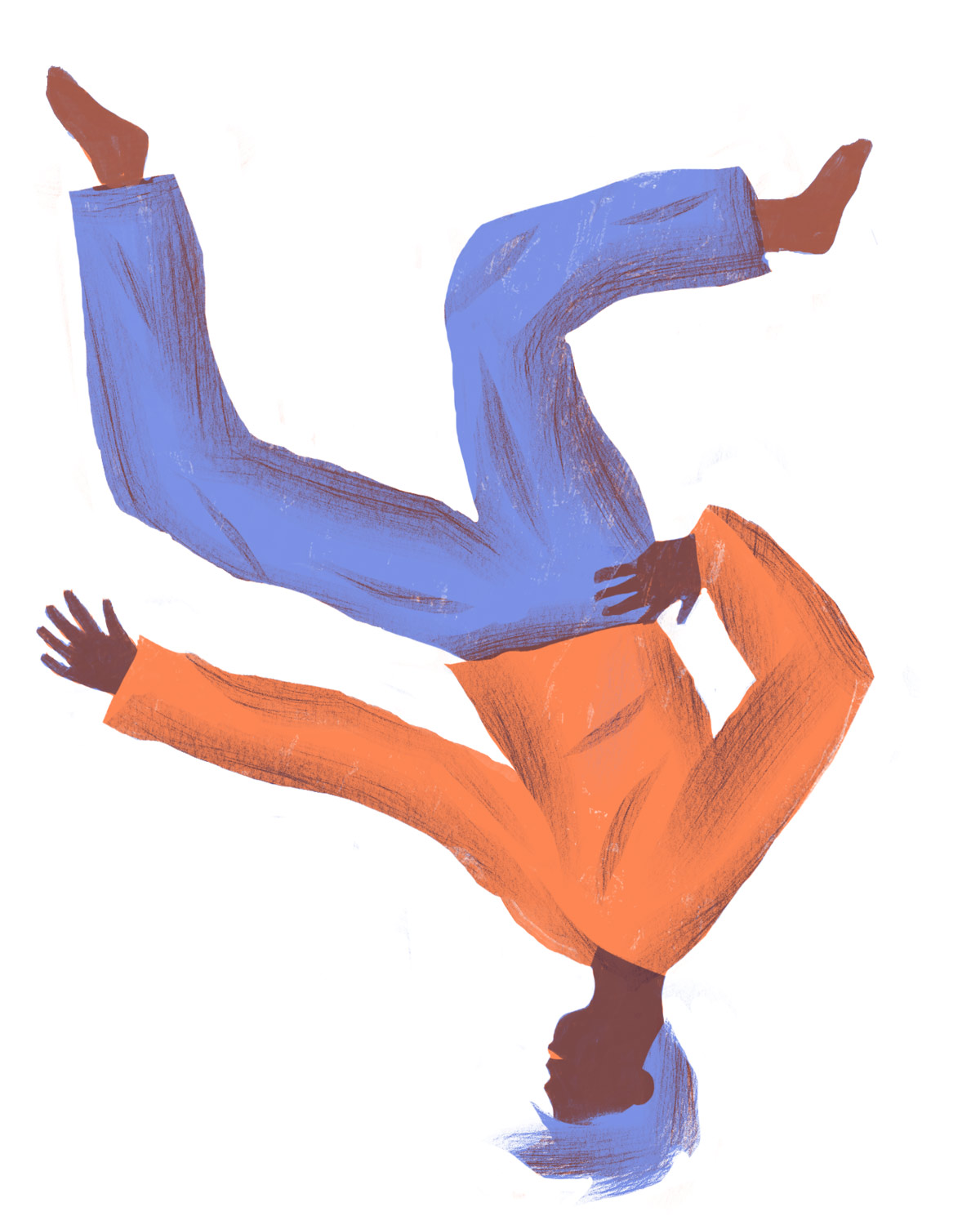 Illustration of a man tumbling upside down Orange and purple Illustration of a man tumbling upside down