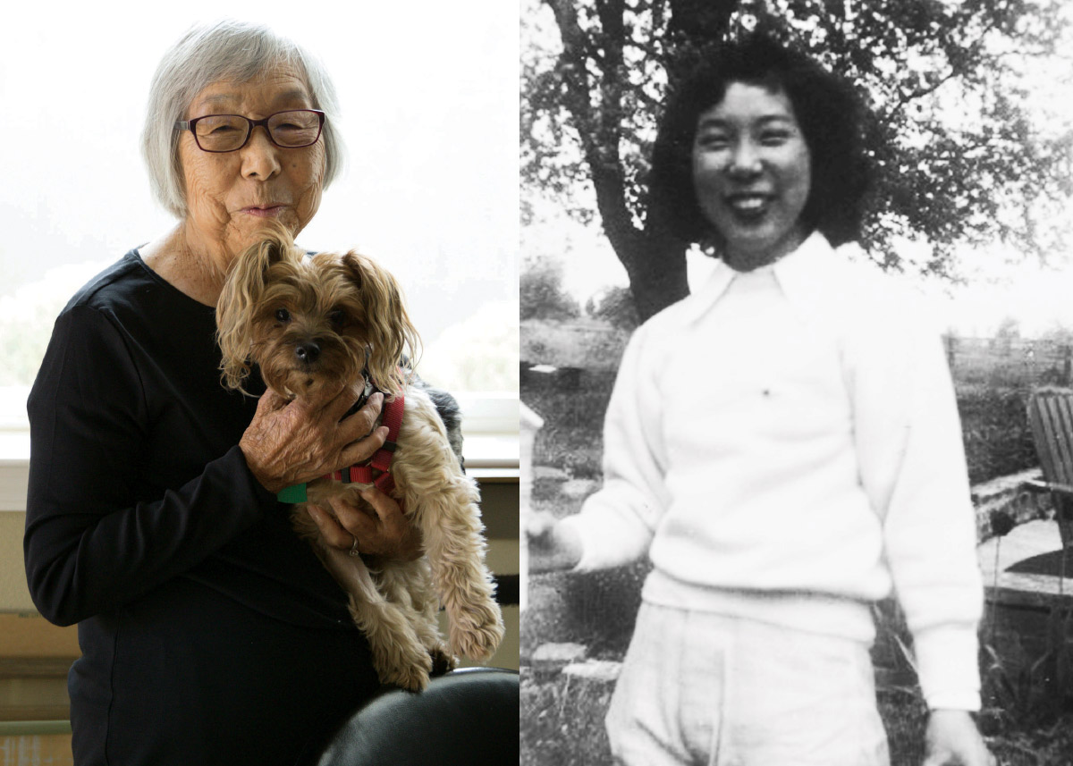 Side by side images of Sachiye “Sachi” Mizuki Kuwamoto, from the 1940s at Bucknell, to now in Clovis, Calif. with her dog