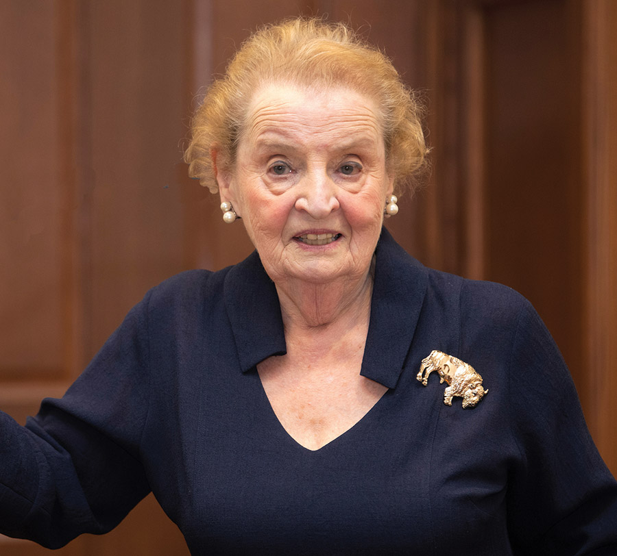 Madeleine Albright Madeleine Albright with her Bison pin.