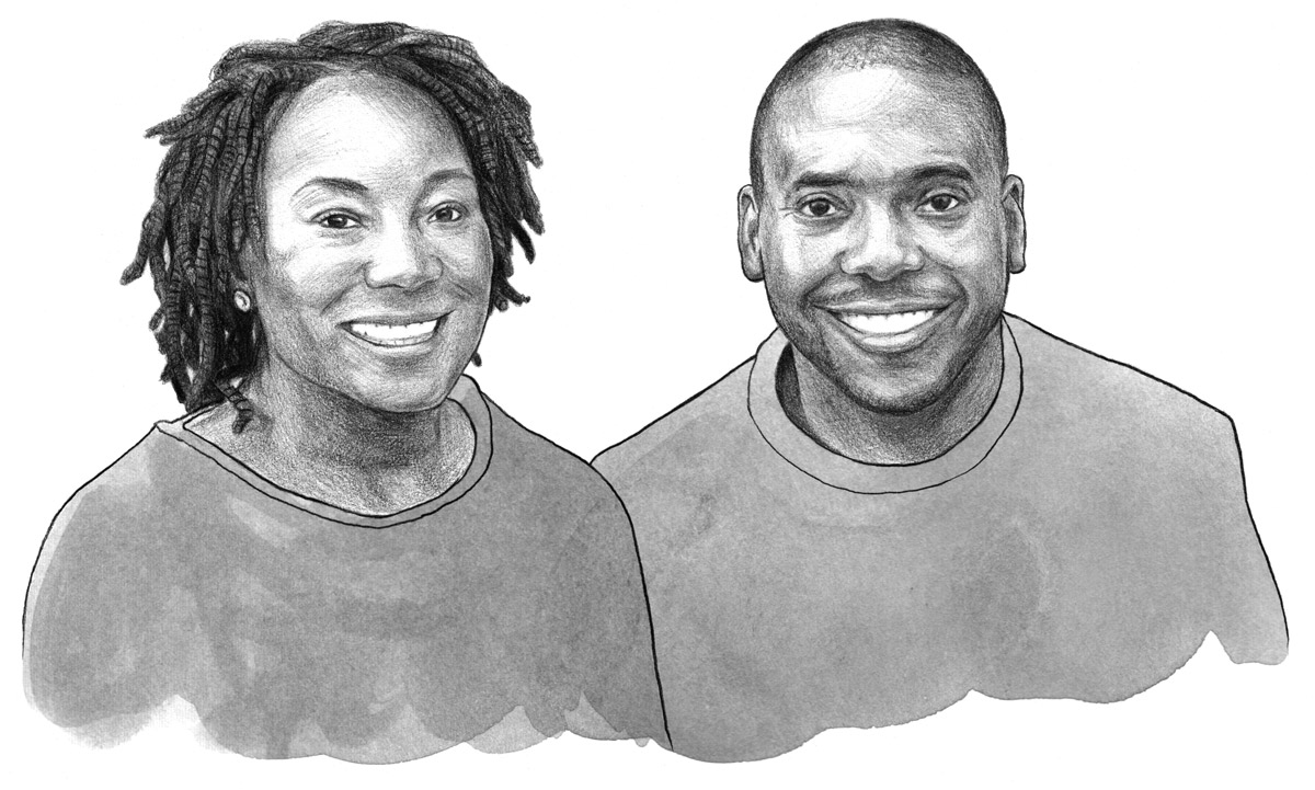 Richard '03 and Monique Boley Alexander '05 charcoal drawing of Richard '03 and Monique Boley Alexander '05