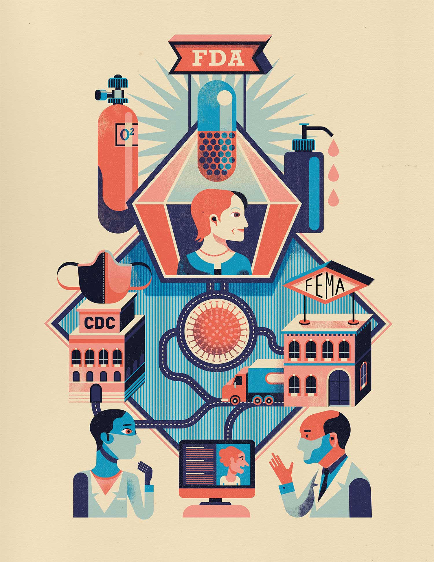 Difference Makers featured illustration Difference Makers featured illustration of FDA, FEMA, and CDC connections