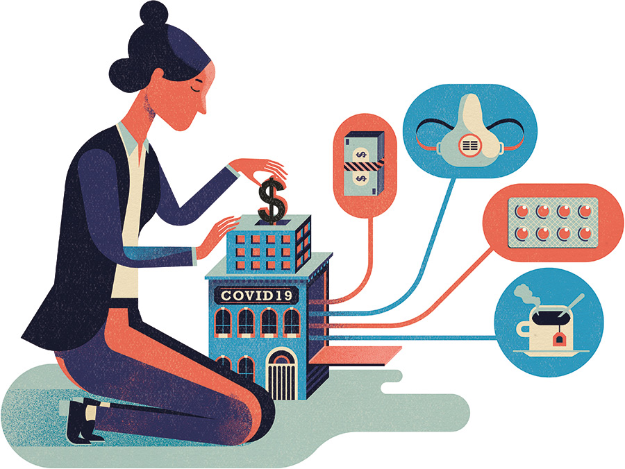 Woman putting money into hospital Woman putting money into hospital illustration
